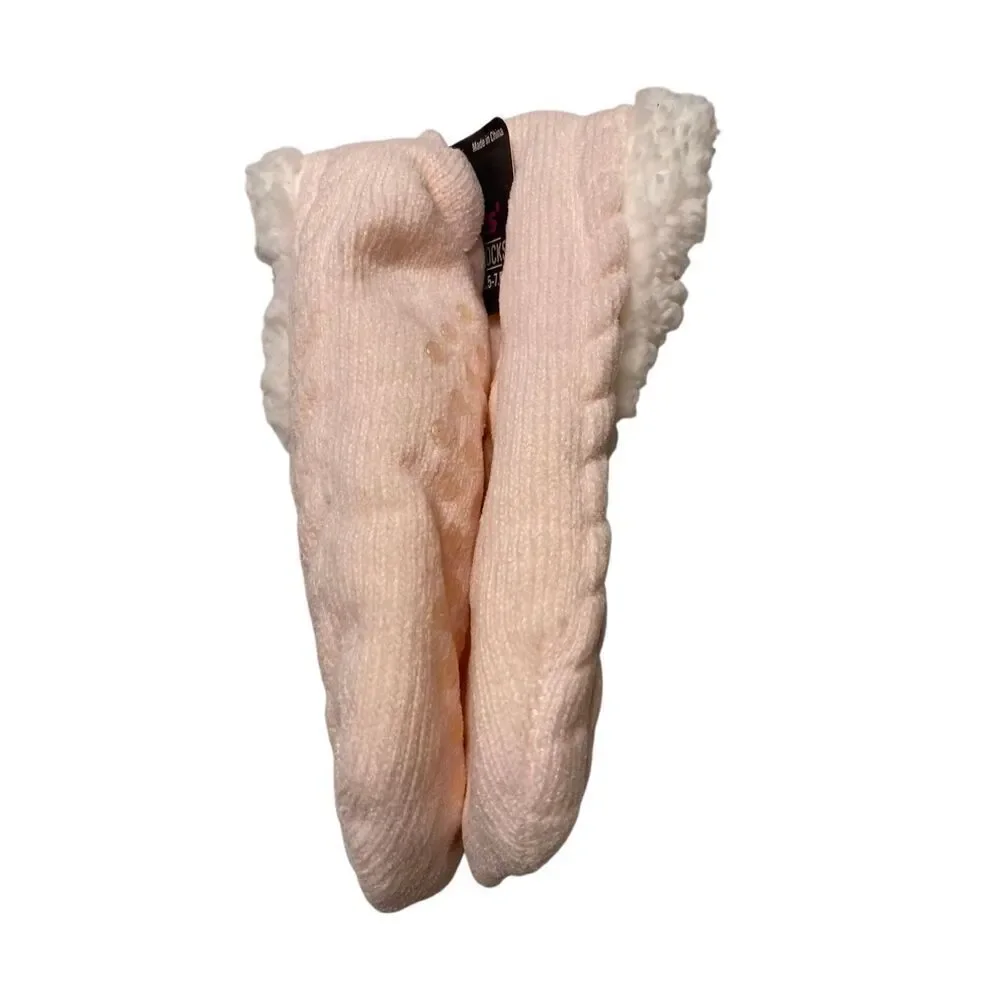 Ladies Slipper Socks Pink Sherpa Lined Cable Knit Non Slip Size 5.5-7.5 Winter